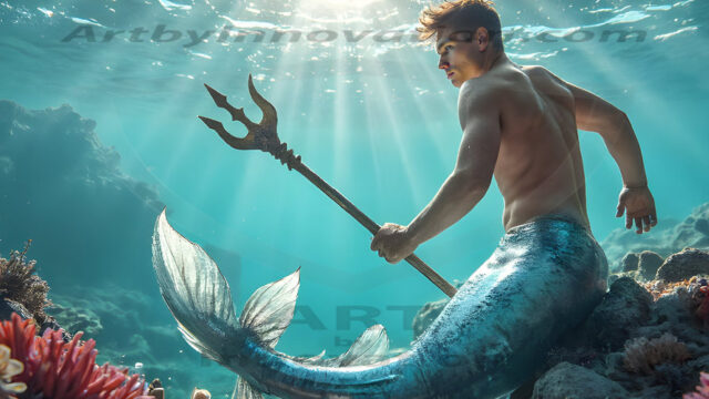 AI-generated HD photos featuring Mermen, The Warriors of the Sea. A collection of over 1,000 AI generated photo images of Mermen Warriors. Shirtless men from all age groups, with slim builds to hot and sexy, muscular body types, and from teenaged boys, to young men, to the handsome Elders. Merman warriors rising from a whirlpool, with a trident in hand, set against a stormy backdrop with dramatic lighting. Vibrant coral reefs, with detailed underwater scenes, highly realistic, with obsidian scales, that shimmer in the sunlight.