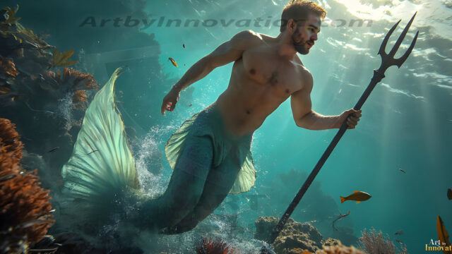 AI-generated HD photos featuring Mermen, The Warriors of the Sea. A collection of over 1,000 AI generated photo images of Mermen Warriors. Shirtless men from all age groups, with slim builds to hot and sexy, muscular body types, and from teenaged boys, to young men, to the handsome Elders. Merman warriors rising from a whirlpool, with a trident in hand, set against a stormy backdrop with dramatic lighting. Vibrant coral reefs, with detailed underwater scenes, highly realistic, with obsidian scales, that shimmer in the sunlight.