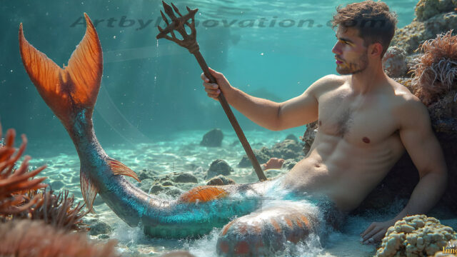 AI-generated HD photos featuring Mermen, The Warriors of the Sea. A collection of over 1,000 AI generated photo images of Mermen Warriors. Shirtless men from all age groups, with slim builds to hot and sexy, muscular body types, and from teenaged boys, to young men, to the handsome Elders. Merman warriors rising from a whirlpool, with a trident in hand, set against a stormy backdrop with dramatic lighting. Vibrant coral reefs, with detailed underwater scenes, highly realistic, with obsidian scales, that shimmer in the sunlight.