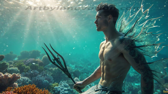 AI-generated HD photos featuring Mermen, The Warriors of the Sea. A collection of over 1,000 AI generated photo images of Mermen Warriors. Shirtless men from all age groups, with slim builds to hot and sexy, muscular body types, and from teenaged boys, to young men, to the handsome Elders. Merman warriors rising from a whirlpool, with a trident in hand, set against a stormy backdrop with dramatic lighting. Vibrant coral reefs, with detailed underwater scenes, highly realistic, with obsidian scales, that shimmer in the sunlight.