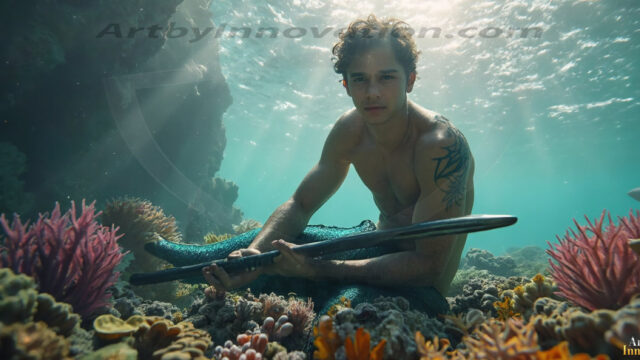 AI-generated HD photos featuring Mermen, The Warriors of the Sea. A collection of over 1,000 AI generated photo images of Mermen Warriors. Shirtless men from all age groups, with slim builds to hot and sexy, muscular body types, and from teenaged boys, to young men, to the handsome Elders. Merman warriors rising from a whirlpool, with a trident in hand, set against a stormy backdrop with dramatic lighting. Vibrant coral reefs, with detailed underwater scenes, highly realistic, with obsidian scales, that shimmer in the sunlight.