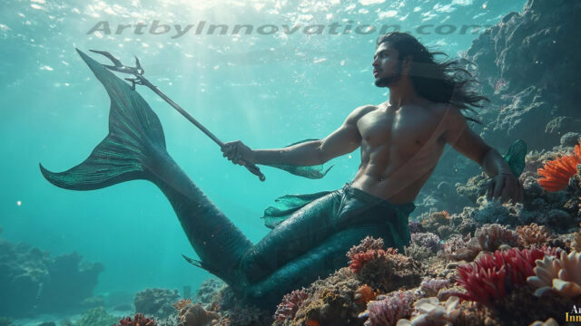 AI-generated HD photos featuring Mermen, The Warriors of the Sea. A collection of over 1,000 AI generated photo images of Mermen Warriors. Shirtless men from all age groups, with slim builds to hot and sexy, muscular body types, and from teenaged boys, to young men, to the handsome Elders. Merman warriors rising from a whirlpool, with a trident in hand, set against a stormy backdrop with dramatic lighting. Vibrant coral reefs, with detailed underwater scenes, highly realistic, with obsidian scales, that shimmer in the sunlight.