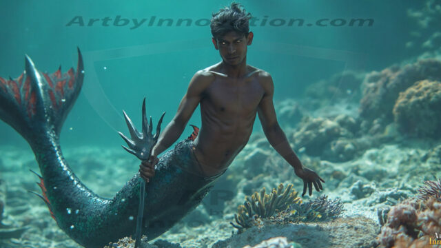 AI-generated HD photos featuring Mermen, The Warriors of the Sea. A collection of over 1,000 AI generated photo images of Mermen Warriors. Shirtless men from all age groups, with slim builds to hot and sexy, muscular body types, and from teenaged boys, to young men, to the handsome Elders. Merman warriors rising from a whirlpool, with a trident in hand, set against a stormy backdrop with dramatic lighting. Vibrant coral reefs, with detailed underwater scenes, highly realistic, with obsidian scales, that shimmer in the sunlight.
