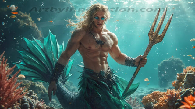 AI-generated HD photos featuring Mermen, The Warriors of the Sea. A collection of over 1,000 AI generated photo images of Mermen Warriors. Shirtless men from all age groups, with slim builds to hot and sexy, muscular body types, and from teenaged boys, to young men, to the handsome Elders. Merman warriors rising from a whirlpool, with a trident in hand, set against a stormy backdrop with dramatic lighting. Vibrant coral reefs, with detailed underwater scenes, highly realistic, with obsidian scales, that shimmer in the sunlight.