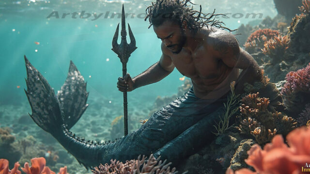 AI-generated HD photos featuring Mermen, The Warriors of the Sea. A collection of over 1,000 AI generated photo images of Mermen Warriors. Shirtless men from all age groups, with slim builds to hot and sexy, muscular body types, and from teenaged boys, to young men, to the handsome Elders. Merman warriors rising from a whirlpool, with a trident in hand, set against a stormy backdrop with dramatic lighting. Vibrant coral reefs, with detailed underwater scenes, highly realistic, with obsidian scales, that shimmer in the sunlight.