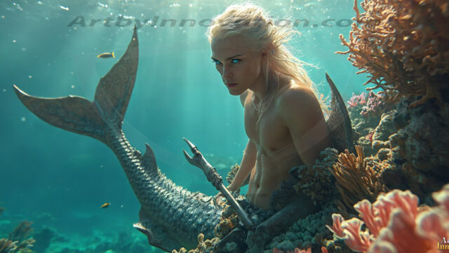 AI-generated HD photos featuring Mermen, The Warriors of the Sea. A collection of over 1,000 AI generated photo images of Mermen Warriors. Shirtless men from all age groups, with slim builds to hot and sexy, muscular body types, and from teenaged boys, to young men, to the handsome Elders. Merman warriors rising from a whirlpool, with a trident in hand, set against a stormy backdrop with dramatic lighting. Vibrant coral reefs, with detailed underwater scenes, highly realistic, with obsidian scales, that shimmer in the sunlight.