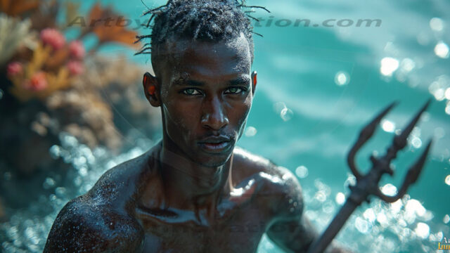 AI-generated HD photos featuring Mermen, The Warriors of the Sea. A collection of over 1,000 AI generated photo images of Mermen Warriors. Shirtless men from all age groups, with slim builds to hot and sexy, muscular body types, and from teenaged boys, to young men, to the handsome Elders. Merman warriors rising from a whirlpool, with a trident in hand, set against a stormy backdrop with dramatic lighting. Vibrant coral reefs, with detailed underwater scenes, highly realistic, with obsidian scales, that shimmer in the sunlight.