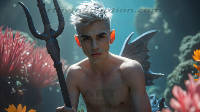 AI-generated HD photos featuring Mermen, The Warriors of the Sea. A collection of over 1,000 AI generated photo images of Mermen Warriors. Shirtless men from all age groups, with slim builds to hot and sexy, muscular body types, and from teenaged boys, to young men, to the handsome Elders. Merman warriors rising from a whirlpool, with a trident in hand, set against a stormy backdrop with dramatic lighting. Vibrant coral reefs, with detailed underwater scenes, highly realistic, with obsidian scales, that shimmer in the sunlight.