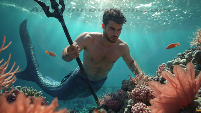 AI-generated HD photos featuring Mermen, The Warriors of the Sea. A collection of over 1,000 AI generated photo images of Mermen Warriors. Shirtless men from all age groups, with slim builds to hot and sexy, muscular body types, and from teenaged boys, to young men, to the handsome Elders. Merman warriors rising from a whirlpool, with a trident in hand, set against a stormy backdrop with dramatic lighting. Vibrant coral reefs, with detailed underwater scenes, highly realistic, with obsidian scales, that shimmer in the sunlight.