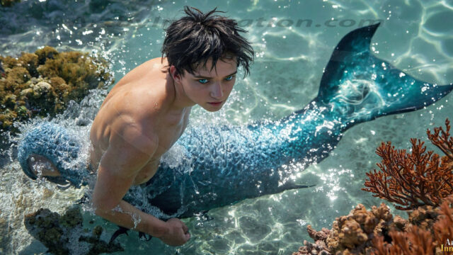 AI-generated HD photos featuring Mermen, The Warriors of the Sea. A collection of over 1,000 AI generated photo images of Mermen Warriors. Shirtless men from all age groups, with slim builds to hot and sexy, muscular body types, and from teenaged boys, to young men, to the handsome Elders. Merman warriors rising from a whirlpool, with a trident in hand, set against a stormy backdrop with dramatic lighting. Vibrant coral reefs, with detailed underwater scenes, highly realistic, with obsidian scales, that shimmer in the sunlight.