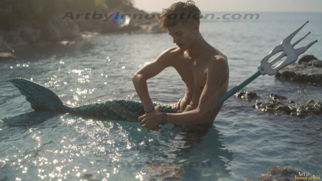 AI-generated HD photos featuring Mermen, The Warriors of the Sea. A collection of over 1,000 AI generated photo images of Mermen Warriors. Shirtless men from all age groups, with slim builds to hot and sexy, muscular body types, and from teenaged boys, to young men, to the handsome Elders. Merman warriors rising from a whirlpool, with a trident in hand, set against a stormy backdrop with dramatic lighting. Vibrant coral reefs, with detailed underwater scenes, highly realistic, with obsidian scales, that shimmer in the sunlight.