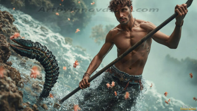 AI-generated HD photos featuring Mermen, The Warriors of the Sea. A collection of over 1,000 AI generated photo images of Mermen Warriors. Shirtless men from all age groups, with slim builds to hot and sexy, muscular body types, and from teenaged boys, to young men, to the handsome Elders. Merman warriors rising from a whirlpool, with a trident in hand, set against a stormy backdrop with dramatic lighting. Vibrant coral reefs, with detailed underwater scenes, highly realistic, with obsidian scales, that shimmer in the sunlight.