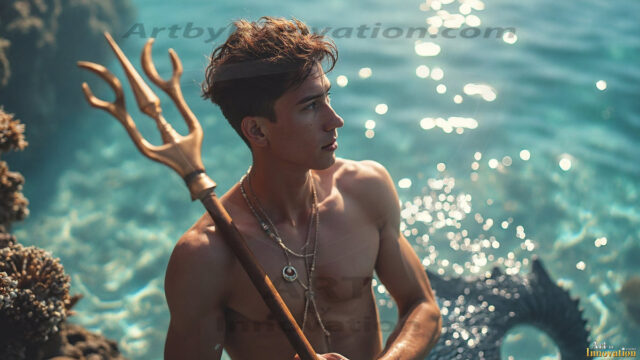 AI-generated HD photos featuring Mermen, The Warriors of the Sea. A collection of over 1,000 AI generated photo images of Mermen Warriors. Shirtless men from all age groups, with slim builds to hot and sexy, muscular body types, and from teenaged boys, to young men, to the handsome Elders. Merman warriors rising from a whirlpool, with a trident in hand, set against a stormy backdrop with dramatic lighting. Vibrant coral reefs, with detailed underwater scenes, highly realistic, with obsidian scales, that shimmer in the sunlight.