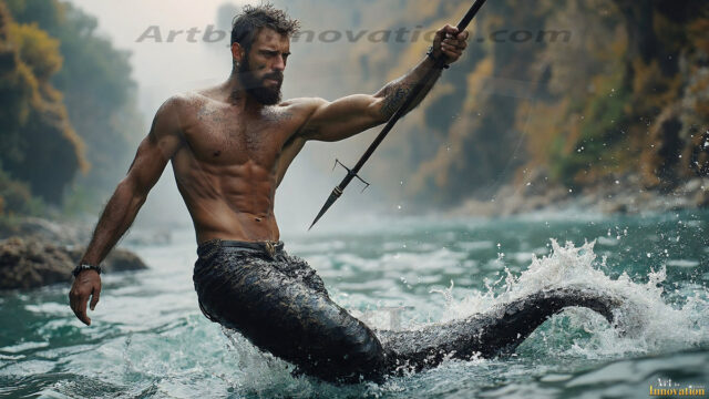 AI-generated HD photos featuring Mermen, The Warriors of the Sea. A collection of over 1,000 AI generated photo images of Mermen Warriors. Shirtless men from all age groups, with slim builds to hot and sexy, muscular body types, and from teenaged boys, to young men, to the handsome Elders. Merman warriors rising from a whirlpool, with a trident in hand, set against a stormy backdrop with dramatic lighting. Vibrant coral reefs, with detailed underwater scenes, highly realistic, with obsidian scales, that shimmer in the sunlight.
