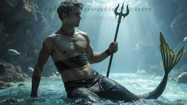 AI-generated HD photos featuring Mermen, The Warriors of the Sea. A collection of over 1,000 AI generated photo images of Mermen Warriors. Shirtless men from all age groups, with slim builds to hot and sexy, muscular body types, and from teenaged boys, to young men, to the handsome Elders. Merman warriors rising from a whirlpool, with a trident in hand, set against a stormy backdrop with dramatic lighting. Vibrant coral reefs, with detailed underwater scenes, highly realistic, with obsidian scales, that shimmer in the sunlight.
