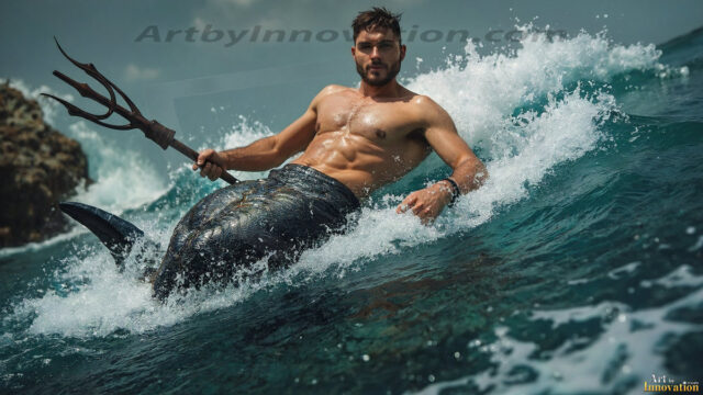 AI-generated HD photos featuring Mermen, The Warriors of the Sea. A collection of over 1,000 AI generated photo images of Mermen Warriors. Shirtless men from all age groups, with slim builds to hot and sexy, muscular body types, and from teenaged boys, to young men, to the handsome Elders. Merman warriors rising from a whirlpool, with a trident in hand, set against a stormy backdrop with dramatic lighting. Vibrant coral reefs, with detailed underwater scenes, highly realistic, with obsidian scales, that shimmer in the sunlight.