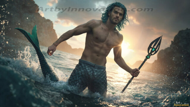 AI-generated HD photos featuring Mermen, The Warriors of the Sea. A collection of over 1,000 AI generated photo images of Mermen Warriors. Shirtless men from all age groups, with slim builds to hot and sexy, muscular body types, and from teenaged boys, to young men, to the handsome Elders. Merman warriors rising from a whirlpool, with a trident in hand, set against a stormy backdrop with dramatic lighting. Vibrant coral reefs, with detailed underwater scenes, highly realistic, with obsidian scales, that shimmer in the sunlight.