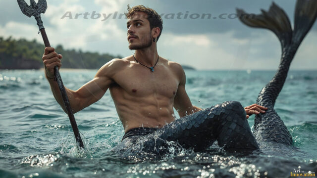 AI-generated HD photos featuring Mermen, The Warriors of the Sea. A collection of over 1,000 AI generated photo images of Mermen Warriors. Shirtless men from all age groups, with slim builds to hot and sexy, muscular body types, and from teenaged boys, to young men, to the handsome Elders. Merman warriors rising from a whirlpool, with a trident in hand, set against a stormy backdrop with dramatic lighting. Vibrant coral reefs, with detailed underwater scenes, highly realistic, with obsidian scales, that shimmer in the sunlight.