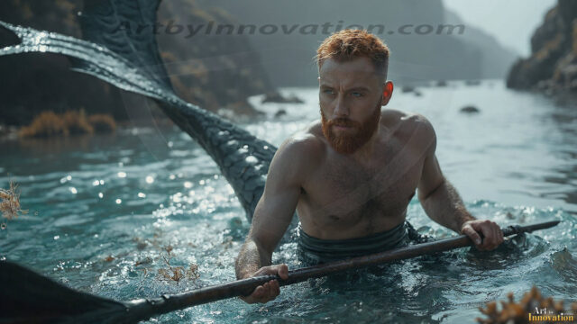 AI-generated HD photos featuring Mermen, The Warriors of the Sea. A collection of over 1,000 AI generated photo images of Mermen Warriors. Shirtless men from all age groups, with slim builds to hot and sexy, muscular body types, and from teenaged boys, to young men, to the handsome Elders. Merman warriors rising from a whirlpool, with a trident in hand, set against a stormy backdrop with dramatic lighting. Vibrant coral reefs, with detailed underwater scenes, highly realistic, with obsidian scales, that shimmer in the sunlight.