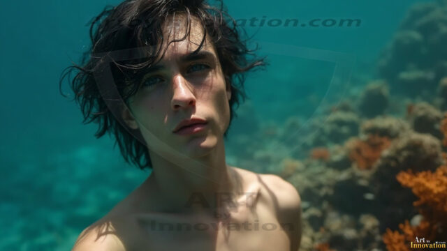 AI-generated HD photos featuring Mermen, The Warriors of the Sea. A collection of over 1,000 AI generated photo images of Mermen Warriors. Shirtless men from all age groups, with slim builds to hot and sexy, muscular body types, and from teenaged boys, to young men, to the handsome Elders. Merman warriors rising from a whirlpool, with a trident in hand, set against a stormy backdrop with dramatic lighting. Vibrant coral reefs, with detailed underwater scenes, highly realistic, with obsidian scales, that shimmer in the sunlight.