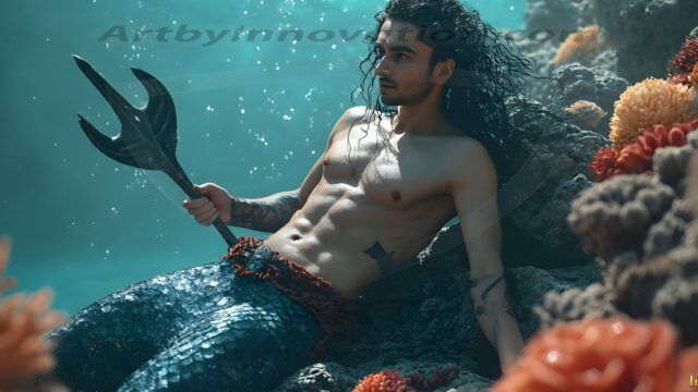 AI-generated HD photos featuring Mermen, The Warriors of the Sea. A collection of over 1,000 AI generated photo images of Mermen Warriors. Shirtless men from all age groups, with slim builds to hot and sexy, muscular body types, and from teenaged boys, to young men, to the handsome Elders. Merman warriors rising from a whirlpool, with a trident in hand, set against a stormy backdrop with dramatic lighting. Vibrant coral reefs, with detailed underwater scenes, highly realistic, with obsidian scales, that shimmer in the sunlight.