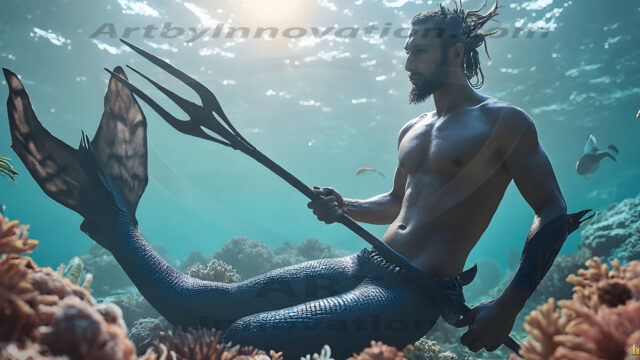 AI-generated HD photos featuring Mermen, The Warriors of the Sea. A collection of over 1,000 AI generated photo images of Mermen Warriors. Shirtless men from all age groups, with slim builds to hot and sexy, muscular body types, and from teenaged boys, to young men, to the handsome Elders. Merman warriors rising from a whirlpool, with a trident in hand, set against a stormy backdrop with dramatic lighting. Vibrant coral reefs, with detailed underwater scenes, highly realistic, with obsidian scales, that shimmer in the sunlight.