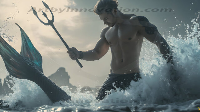 AI-generated HD photos featuring Mermen, The Warriors of the Sea. A collection of over 1,000 AI generated photo images of Mermen Warriors. Shirtless men from all age groups, with slim builds to hot and sexy, muscular body types, and from teenaged boys, to young men, to the handsome Elders. Merman warriors rising from a whirlpool, with a trident in hand, set against a stormy backdrop with dramatic lighting. Vibrant coral reefs, with detailed underwater scenes, highly realistic, with obsidian scales, that shimmer in the sunlight.