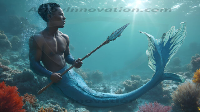 AI-generated HD photos featuring Mermen, The Warriors of the Sea. A collection of over 1,000 AI generated photo images of Mermen Warriors. Shirtless men from all age groups, with slim builds to hot and sexy, muscular body types, and from teenaged boys, to young men, to the handsome Elders. Merman warriors rising from a whirlpool, with a trident in hand, set against a stormy backdrop with dramatic lighting. Vibrant coral reefs, with detailed underwater scenes, highly realistic, with obsidian scales, that shimmer in the sunlight.