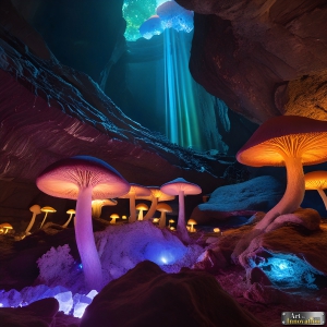A vibrant and detailed fantasy photograph of an alien planet. Where every element appears meticulously crafted from iridescent stained glass. From a cave system, dominated by towering crystals, giant bioluminescent mushrooms, in all shapes and sizes, that glow in vibrant iridescent colors. A stream of iridescent blue water, flows down the center of the cave from a waterfall, off in the distance. The alien flora, vibrantly colored, attracting alien insects, like nothing you've ever seen. Glow worms hang down from the ceiling, emitting the entire spectrum of the rainbow in colors, they seem to dance and blend as if they are connected. Outside the cave system, the sky shimmers with a breathtaking aurora borealis that fills the sky, creating a cosmic spectacle of galaxies, nebulae, and radiant starlight, in this nighttime landscape. A vibrant and detailed fantasy photograph of an alien planet. Where every element appears meticulously crafted from iridescent stained glass. From a cave system, dominated by towering crystals, giant bioluminescent mushrooms, in all shapes and sizes, that glow in vibrant iridescent colors. A stream of iridescent blue water, flows down the center of the cave from a waterfall, off in the distance. The alien flora, vibrantly colored, attracting alien insects, like nothing you've ever seen. Glow worms hang down from the ceiling, emitting the entire spectrum of the rainbow in colors, they seem to dance and blend as if they are connected. Outside the cave system, the sky shimmers with a breathtaking aurora borealis that fills the sky, creating a cosmic spectacle of galaxies, nebulae, and radiant starlight, in this nighttime landscape.
