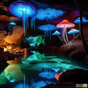 A vibrant and detailed fantasy photograph of an alien planet. Where every element appears meticulously crafted from iridescent stained glass. From a cave system, dominated by towering crystals, giant bioluminescent mushrooms, in all shapes and sizes, that glow in vibrant iridescent colors. A stream of iridescent blue water, flows down the center of the cave from a waterfall, off in the distance. The alien flora, vibrantly colored, attracting alien insects, like nothing you've ever seen. Glow worms hang down from the ceiling, emitting the entire spectrum of the rainbow in colors, they seem to dance and blend as if they are connected. Outside the cave system, the sky shimmers with a breathtaking aurora borealis that fills the sky, creating a cosmic spectacle of galaxies, nebulae, and radiant starlight, in this nighttime landscape.