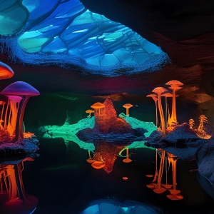 A vibrant and detailed fantasy photograph of an alien planet. Where every element appears meticulously crafted from iridescent stained glass. From a cave system, dominated by towering crystals, giant bioluminescent mushrooms, in all shapes and sizes, that glow in vibrant iridescent colors. A stream of iridescent blue water, flows down the center of the cave from a waterfall, off in the distance. The alien flora, vibrantly colored, attracting alien insects, like nothing you've ever seen. Glow worms hang down from the ceiling, emitting the entire spectrum of the rainbow in colors, they seem to dance and blend as if they are connected. Outside the cave system, the sky shimmers with a breathtaking aurora borealis that fills the sky, creating a cosmic spectacle of galaxies, nebulae, and radiant starlight, in this nighttime landscape.