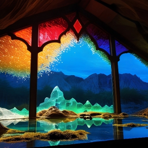 A vibrant and detailed fantasy photograph of an alien planet. Where every element appears meticulously crafted from iridescent stained glass. From a cave system, dominated by towering crystals, giant bioluminescent mushrooms, in all shapes and sizes, that glow in vibrant iridescent colors. A stream of iridescent blue water, flows down the center of the cave from a waterfall, off in the distance. The alien flora, vibrantly colored, attracting alien insects, like nothing you've ever seen. Glow worms hang down from the ceiling, emitting the entire spectrum of the rainbow in colors, they seem to dance and blend as if they are connected. Outside the cave system, the sky shimmers with a breathtaking aurora borealis that fills the sky, creating a cosmic spectacle of galaxies, nebulae, and radiant starlight, in this nighttime landscape.