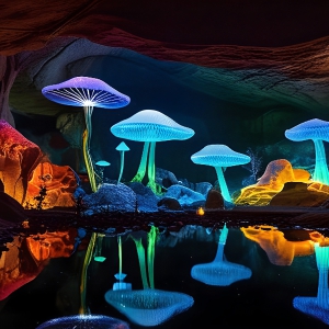 A vibrant and detailed fantasy photograph of an alien planet. Where every element appears meticulously crafted from iridescent stained glass. From a cave system, dominated by towering crystals, giant bioluminescent mushrooms, in all shapes and sizes, that glow in vibrant iridescent colors. A stream of iridescent blue water, flows down the center of the cave from a waterfall, off in the distance. The alien flora, vibrantly colored, attracting alien insects, like nothing you've ever seen. Glow worms hang down from the ceiling, emitting the entire spectrum of the rainbow in colors, they seem to dance and blend as if they are connected. Outside the cave system, the sky shimmers with a breathtaking aurora borealis that fills the sky, creating a cosmic spectacle of galaxies, nebulae, and radiant starlight, in this nighttime landscape.