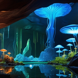 A vibrant and detailed fantasy photograph of an alien planet. Where every element appears meticulously crafted from iridescent stained glass. From a cave system, dominated by towering crystals, giant bioluminescent mushrooms, in all shapes and sizes, that glow in vibrant iridescent colors. A stream of iridescent blue water, flows down the center of the cave from a waterfall, off in the distance. The alien flora, vibrantly colored, attracting alien insects, like nothing you've ever seen. Glow worms hang down from the ceiling, emitting the entire spectrum of the rainbow in colors, they seem to dance and blend as if they are connected. Outside the cave system, the sky shimmers with a breathtaking aurora borealis that fills the sky, creating a cosmic spectacle of galaxies, nebulae, and radiant starlight, in this nighttime landscape.
