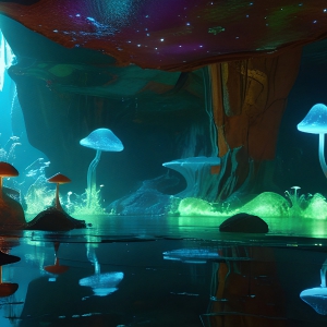 A vibrant and detailed fantasy photograph of an alien planet. Where every element appears meticulously crafted from iridescent stained glass. From a cave system, dominated by towering crystals, giant bioluminescent mushrooms, in all shapes and sizes, that glow in vibrant iridescent colors. A stream of iridescent blue water, flows down the center of the cave from a waterfall, off in the distance. The alien flora, vibrantly colored, attracting alien insects, like nothing you've ever seen. Glow worms hang down from the ceiling, emitting the entire spectrum of the rainbow in colors, they seem to dance and blend as if they are connected. Outside the cave system, the sky shimmers with a breathtaking aurora borealis that fills the sky, creating a cosmic spectacle of galaxies, nebulae, and radiant starlight, in this nighttime landscape.