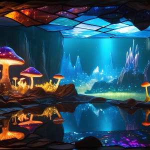 A vibrant and detailed fantasy photograph of an alien planet. Where every element appears meticulously crafted from iridescent stained glass. From a cave system, dominated by towering crystals, giant bioluminescent mushrooms, in all shapes and sizes, that glow in vibrant iridescent colors. A stream of iridescent blue water, flows down the center of the cave from a waterfall, off in the distance. The alien flora, vibrantly colored, attracting alien insects, like nothing you've ever seen. Glow worms hang down from the ceiling, emitting the entire spectrum of the rainbow in colors, they seem to dance and blend as if they are connected. Outside the cave system, the sky shimmers with a breathtaking aurora borealis that fills the sky, creating a cosmic spectacle of galaxies, nebulae, and radiant starlight, in this nighttime landscape.
