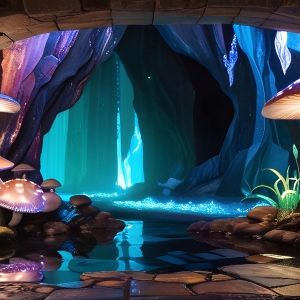A vibrant and detailed fantasy photograph of an alien planet. Where every element appears meticulously crafted from iridescent stained glass. From a cave system, dominated by towering crystals, giant bioluminescent mushrooms, in all shapes and sizes, that glow in vibrant iridescent colors. A stream of iridescent blue water, flows down the center of the cave from a waterfall, off in the distance. The alien flora, vibrantly colored, attracting alien insects, like nothing you've ever seen. Glow worms hang down from the ceiling, emitting the entire spectrum of the rainbow in colors, they seem to dance and blend as if they are connected. Outside the cave system, the sky shimmers with a breathtaking aurora borealis that fills the sky, creating a cosmic spectacle of galaxies, nebulae, and radiant starlight, in this nighttime landscape.