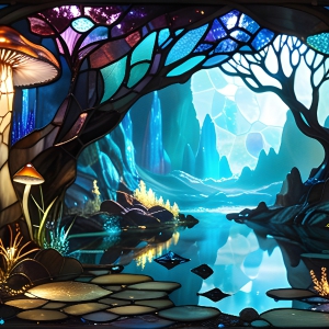 A vibrant and detailed fantasy photograph of an alien planet. Where every element appears meticulously crafted from iridescent stained glass. From a cave system, dominated by towering crystals, giant bioluminescent mushrooms, in all shapes and sizes, that glow in vibrant iridescent colors. A stream of iridescent blue water, flows down the center of the cave from a waterfall, off in the distance. The alien flora, vibrantly colored, attracting alien insects, like nothing you've ever seen. Glow worms hang down from the ceiling, emitting the entire spectrum of the rainbow in colors, they seem to dance and blend as if they are connected. Outside the cave system, the sky shimmers with a breathtaking aurora borealis that fills the sky, creating a cosmic spectacle of galaxies, nebulae, and radiant starlight, in this nighttime landscape.