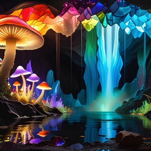 A vibrant and detailed fantasy photograph of an alien planet. Where every element appears meticulously crafted from iridescent stained glass. From a cave system, dominated by towering crystals, giant bioluminescent mushrooms, in all shapes and sizes, that glow in vibrant iridescent colors. A stream of iridescent blue water, flows down the center of the cave from a waterfall, off in the distance. The alien flora, vibrantly colored, attracting alien insects, like nothing you've ever seen. Glow worms hang down from the ceiling, emitting the entire spectrum of the rainbow in colors, they seem to dance and blend as if they are connected. Outside the cave system, the sky shimmers with a breathtaking aurora borealis that fills the sky, creating a cosmic spectacle of galaxies, nebulae, and radiant starlight, in this nighttime landscape.