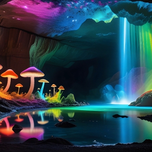 A vibrant and detailed fantasy photograph of an alien planet. Where every element appears meticulously crafted from iridescent stained glass. From a cave system, dominated by towering crystals, giant bioluminescent mushrooms, in all shapes and sizes, that glow in vibrant iridescent colors. A stream of iridescent blue water, flows down the center of the cave from a waterfall, off in the distance. The alien flora, vibrantly colored, attracting alien insects, like nothing you've ever seen. Glow worms hang down from the ceiling, emitting the entire spectrum of the rainbow in colors, they seem to dance and blend as if they are connected. Outside the cave system, the sky shimmers with a breathtaking aurora borealis that fills the sky, creating a cosmic spectacle of galaxies, nebulae, and radiant starlight, in this nighttime landscape.