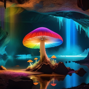 A vibrant and detailed fantasy photograph of an alien planet. Where every element appears meticulously crafted from iridescent stained glass. From a cave system, dominated by towering crystals, giant bioluminescent mushrooms, in all shapes and sizes, that glow in vibrant iridescent colors. A stream of iridescent blue water, flows down the center of the cave from a waterfall, off in the distance. The alien flora, vibrantly colored, attracting alien insects, like nothing you've ever seen. Glow worms hang down from the ceiling, emitting the entire spectrum of the rainbow in colors, they seem to dance and blend as if they are connected. Outside the cave system, the sky shimmers with a breathtaking aurora borealis that fills the sky, creating a cosmic spectacle of galaxies, nebulae, and radiant starlight, in this nighttime landscape.