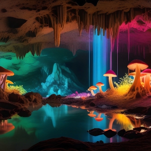 A vibrant and detailed fantasy photograph of an alien planet. Where every element appears meticulously crafted from iridescent stained glass. From a cave system, dominated by towering crystals, giant bioluminescent mushrooms, in all shapes and sizes, that glow in vibrant iridescent colors. A stream of iridescent blue water, flows down the center of the cave from a waterfall, off in the distance. The alien flora, vibrantly colored, attracting alien insects, like nothing you've ever seen. Glow worms hang down from the ceiling, emitting the entire spectrum of the rainbow in colors, they seem to dance and blend as if they are connected. Outside the cave system, the sky shimmers with a breathtaking aurora borealis that fills the sky, creating a cosmic spectacle of galaxies, nebulae, and radiant starlight, in this nighttime landscape.