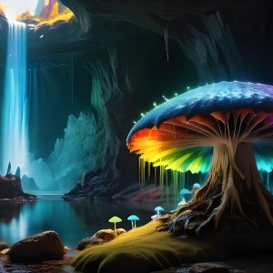 A vibrant and detailed fantasy photograph of an alien planet. Where every element appears meticulously crafted from iridescent stained glass. From a cave system, dominated by towering crystals, giant bioluminescent mushrooms, in all shapes and sizes, that glow in vibrant iridescent colors. A stream of iridescent blue water, flows down the center of the cave from a waterfall, off in the distance. The alien flora, vibrantly colored, attracting alien insects, like nothing you've ever seen. Glow worms hang down from the ceiling, emitting the entire spectrum of the rainbow in colors, they seem to dance and blend as if they are connected. Outside the cave system, the sky shimmers with a breathtaking aurora borealis that fills the sky, creating a cosmic spectacle of galaxies, nebulae, and radiant starlight, in this nighttime landscape.
