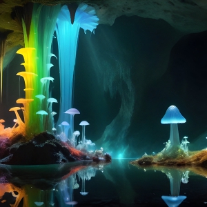 A vibrant and detailed fantasy photograph of an alien planet. Where every element appears meticulously crafted from iridescent stained glass. From a cave system, dominated by towering crystals, giant bioluminescent mushrooms, in all shapes and sizes, that glow in vibrant iridescent colors. A stream of iridescent blue water, flows down the center of the cave from a waterfall, off in the distance. The alien flora, vibrantly colored, attracting alien insects, like nothing you've ever seen. Glow worms hang down from the ceiling, emitting the entire spectrum of the rainbow in colors, they seem to dance and blend as if they are connected. Outside the cave system, the sky shimmers with a breathtaking aurora borealis that fills the sky, creating a cosmic spectacle of galaxies, nebulae, and radiant starlight, in this nighttime landscape.
