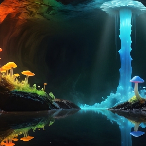 A vibrant and detailed fantasy photograph of an alien planet. Where every element appears meticulously crafted from iridescent stained glass. From a cave system, dominated by towering crystals, giant bioluminescent mushrooms, in all shapes and sizes, that glow in vibrant iridescent colors. A stream of iridescent blue water, flows down the center of the cave from a waterfall, off in the distance. The alien flora, vibrantly colored, attracting alien insects, like nothing you've ever seen. Glow worms hang down from the ceiling, emitting the entire spectrum of the rainbow in colors, they seem to dance and blend as if they are connected. Outside the cave system, the sky shimmers with a breathtaking aurora borealis that fills the sky, creating a cosmic spectacle of galaxies, nebulae, and radiant starlight, in this nighttime landscape.