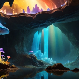 A vibrant and detailed fantasy photograph of an alien planet. Where every element appears meticulously crafted from iridescent stained glass. From a cave system, dominated by towering crystals, giant bioluminescent mushrooms, in all shapes and sizes, that glow in vibrant iridescent colors. A stream of iridescent blue water, flows down the center of the cave from a waterfall, off in the distance. The alien flora, vibrantly colored, attracting alien insects, like nothing you've ever seen. Glow worms hang down from the ceiling, emitting the entire spectrum of the rainbow in colors, they seem to dance and blend as if they are connected. Outside the cave system, the sky shimmers with a breathtaking aurora borealis that fills the sky, creating a cosmic spectacle of galaxies, nebulae, and radiant starlight, in this nighttime landscape.