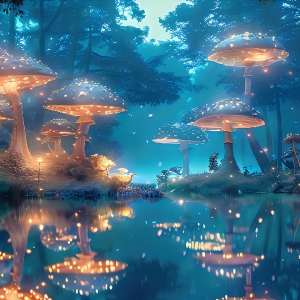 A vibrant and detailed fantasy photograph of an alien planet. Where every element appears meticulously crafted from iridescent stained glass. From a cave system, dominated by towering crystals, giant bioluminescent mushrooms, in all shapes and sizes, that glow in vibrant iridescent colors. A stream of iridescent blue water, flows down the center of the cave from a waterfall, off in the distance. The alien flora, vibrantly colored, attracting alien insects, like nothing you've ever seen. Glow worms hang down from the ceiling, emitting the entire spectrum of the rainbow in colors, they seem to dance and blend as if they are connected. Outside the cave system, the sky shimmers with a breathtaking aurora borealis that fills the sky, creating a cosmic spectacle of galaxies, nebulae, and radiant starlight, in this nighttime landscape.