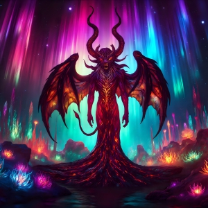 A vibrant and detailed fantasy photograph of an alien planet. Where every element appears meticulously crafted from iridescent stained glass. From a cave system, dominated by towering crystals, giant bioluminescent mushrooms, in all shapes and sizes, that glow in vibrant iridescent colors. A stream of iridescent blue water, flows down the center of the cave from a waterfall, off in the distance. The alien flora, vibrantly colored, attracting alien insects, like nothing you've ever seen. Glow worms hang down from the ceiling, emitting the entire spectrum of the rainbow in colors, they seem to dance and blend as if they are connected. Outside the cave system, the sky shimmers with a breathtaking aurora borealis that fills the sky, creating a cosmic spectacle of galaxies, nebulae, and radiant starlight, in this nighttime landscape.