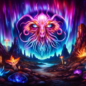 A vibrant and detailed fantasy photograph of an alien planet. Where every element appears meticulously crafted from iridescent stained glass. From a cave system, dominated by towering crystals, giant bioluminescent mushrooms, in all shapes and sizes, that glow in vibrant iridescent colors. A stream of iridescent blue water, flows down the center of the cave from a waterfall, off in the distance. The alien flora, vibrantly colored, attracting alien insects, like nothing you've ever seen. Glow worms hang down from the ceiling, emitting the entire spectrum of the rainbow in colors, they seem to dance and blend as if they are connected. Outside the cave system, the sky shimmers with a breathtaking aurora borealis that fills the sky, creating a cosmic spectacle of galaxies, nebulae, and radiant starlight, in this nighttime landscape.