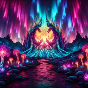A vibrant and detailed fantasy photograph of an alien planet. Where every element appears meticulously crafted from iridescent stained glass. From a cave system, dominated by towering crystals, giant bioluminescent mushrooms, in all shapes and sizes, that glow in vibrant iridescent colors. A stream of iridescent blue water, flows down the center of the cave from a waterfall, off in the distance. The alien flora, vibrantly colored, attracting alien insects, like nothing you've ever seen. Glow worms hang down from the ceiling, emitting the entire spectrum of the rainbow in colors, they seem to dance and blend as if they are connected. Outside the cave system, the sky shimmers with a breathtaking aurora borealis that fills the sky, creating a cosmic spectacle of galaxies, nebulae, and radiant starlight, in this nighttime landscape.